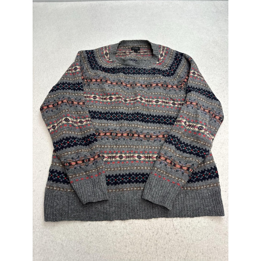 J.Crew Sweater Womens Large Gray Lambswool Fair Isle Crewneck‎ Knit Pullover